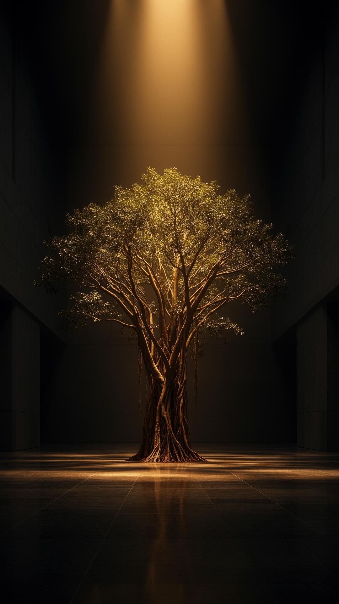 Solitary illuminated banyan tree within a dark architectural hall
